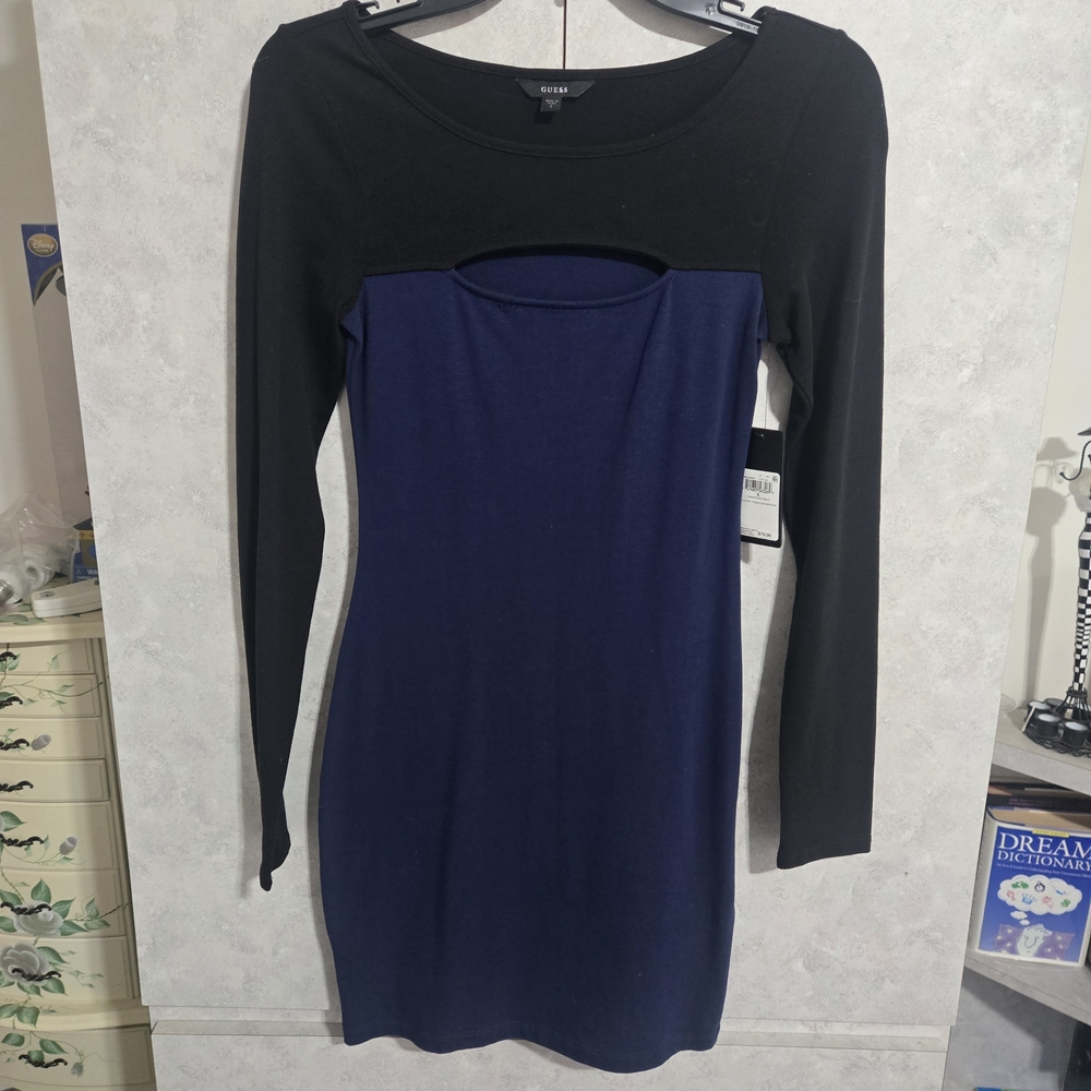 Guess Black and Navy Long Sleeve Bodycon Dress NWT